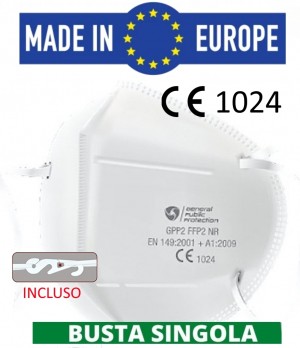 [MADE EU] GPP® Mascherina FFP2 con Laccio salvaorecchie CERTIFICATA CE 1024, EN 149 uso DPI confezione con istruzioni in italiano confezione da 10