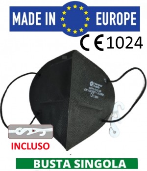 [MADE EU]GPP® Mascherina FFP2  NERA con Laccio salvaorecchie CERTIFICATA CE1024, EN 149 uso DPI confezione con istruzioni in italiano confezione da 10
