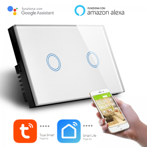 Interruttore Smart Home a 2 posizioni Touch WiFi Bianco LKM-SMSWT02W LKM Security Cristallo Temperato Controllo a Led Compatibile con Amazon Echo e Google Home