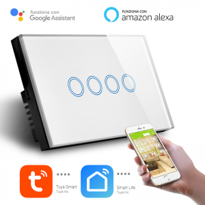 Interruttore Smart Home a 4 posizioni Touch WiFi Bianco LKM-SMSWT04W LKM Security Cristallo Temperato Controllo a Led Compatibile con Amazon Echo e Google Home