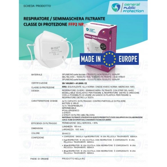 GPP® Mascherina FFP2 con Laccio salvaorecchie CERTIFICATA CE 1024, EN 149 uso DPI confezione con istruzioni in italiano