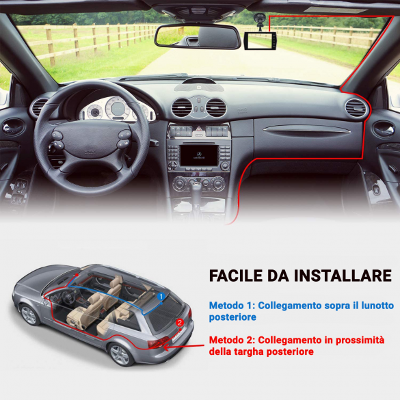 Telecamera per auto Full HD 1080P ampio angolo di visione 170° con display 4 pollici G-Sensor con retrocamera