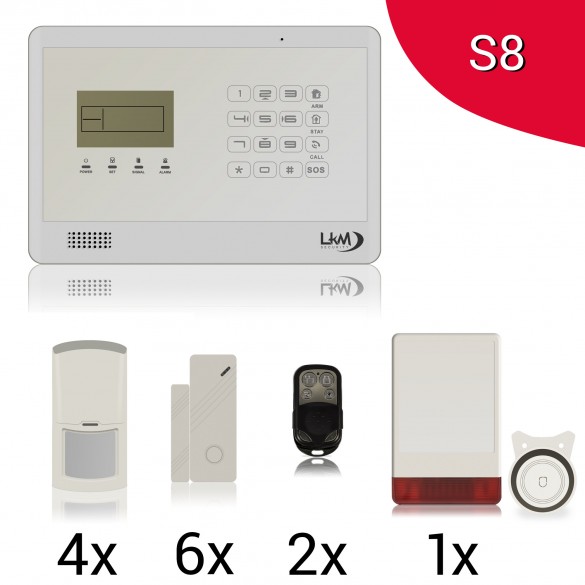 KIT S8 M2E Antifurto Allarme Casa LKM Security Kit Wireless Senza Fili Controllabile da Cellulare. Menù con Sintesi Vocale in Italiano e Manuale in Italiano Colore Bianco