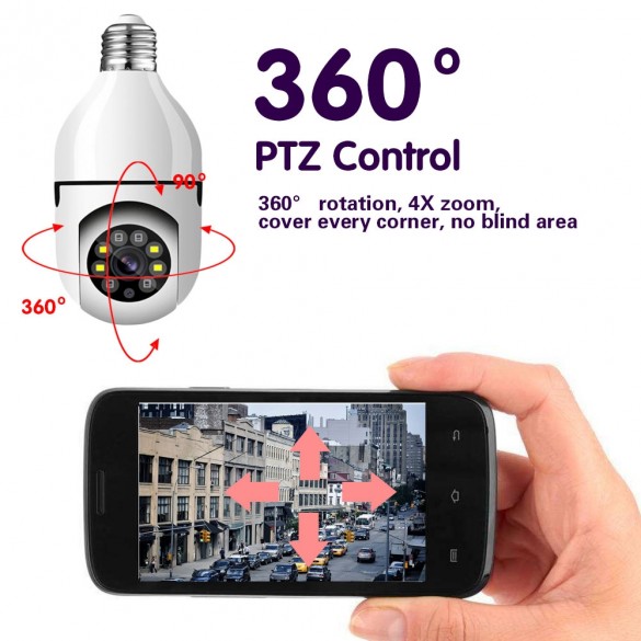 Lampadina Telecamera di sorveglianza AI con rilevamento del movimento, visione notturna a colori, audio bidirezionale e controllo PTZ - la soluzione perfetta per la sicurezza della tua casa
