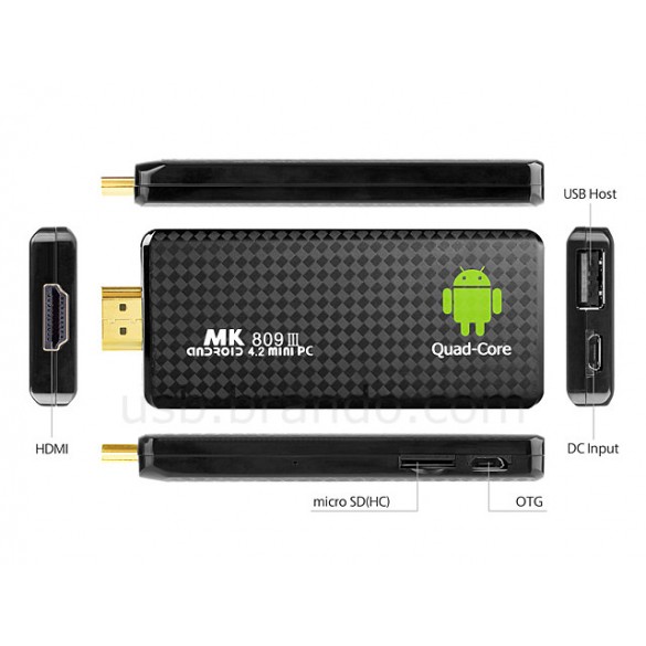 Android 4.4 mini PC a 1,8 GHz Quad Core con 2G RAM DDR3 TV Box TV Dongle Bluetooth WIFI HDMI MK809 III
