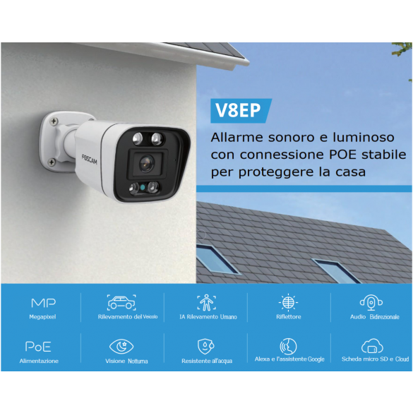 [ RICONDIZIONATA ] Telecamera IP Spotlight Foscam V8EP con faro LED e sirena integrati, 8 Megapixel POE